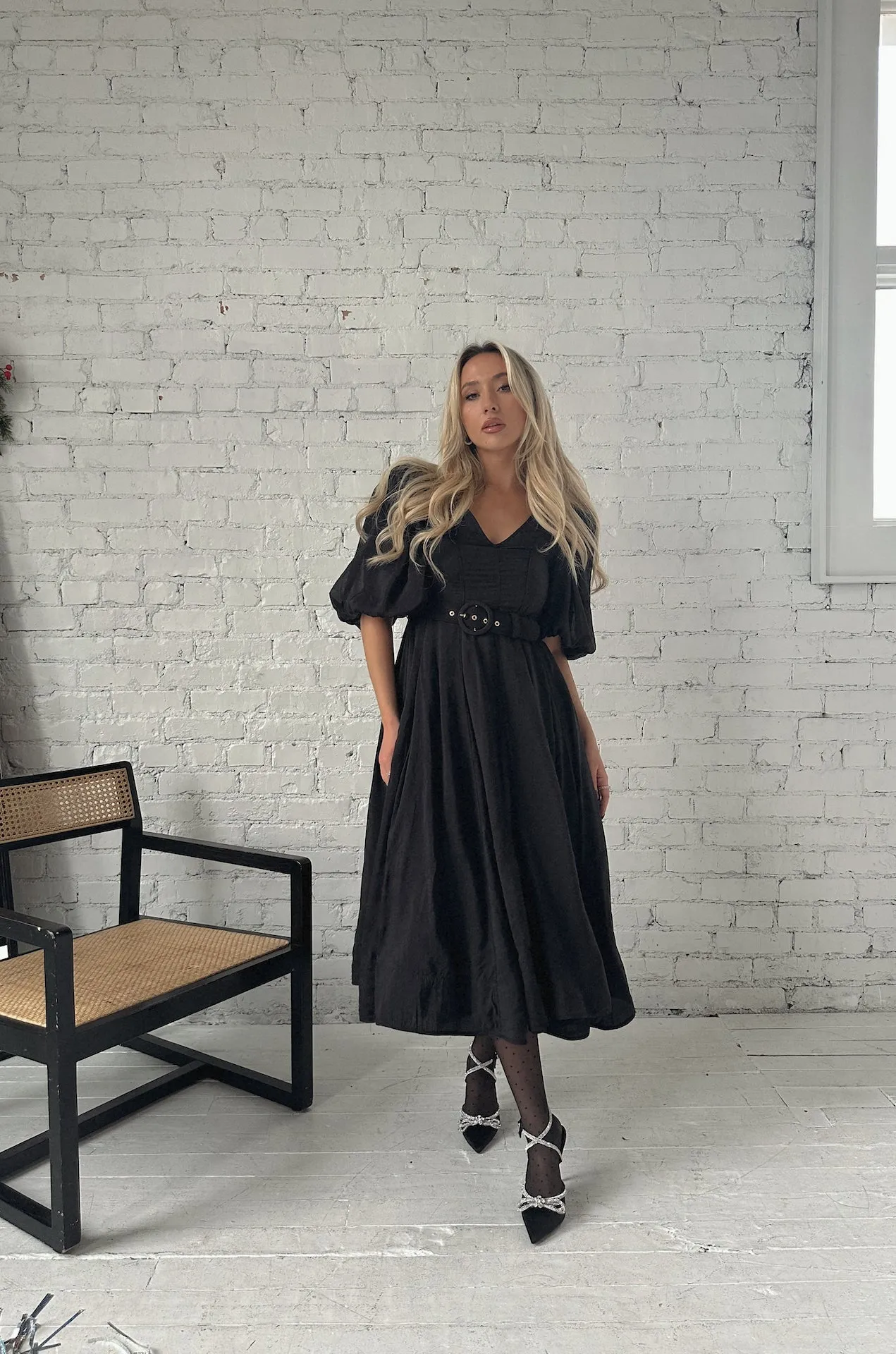 Charlotte Black Puff Sleeve Midi Dress - RESTOCKED