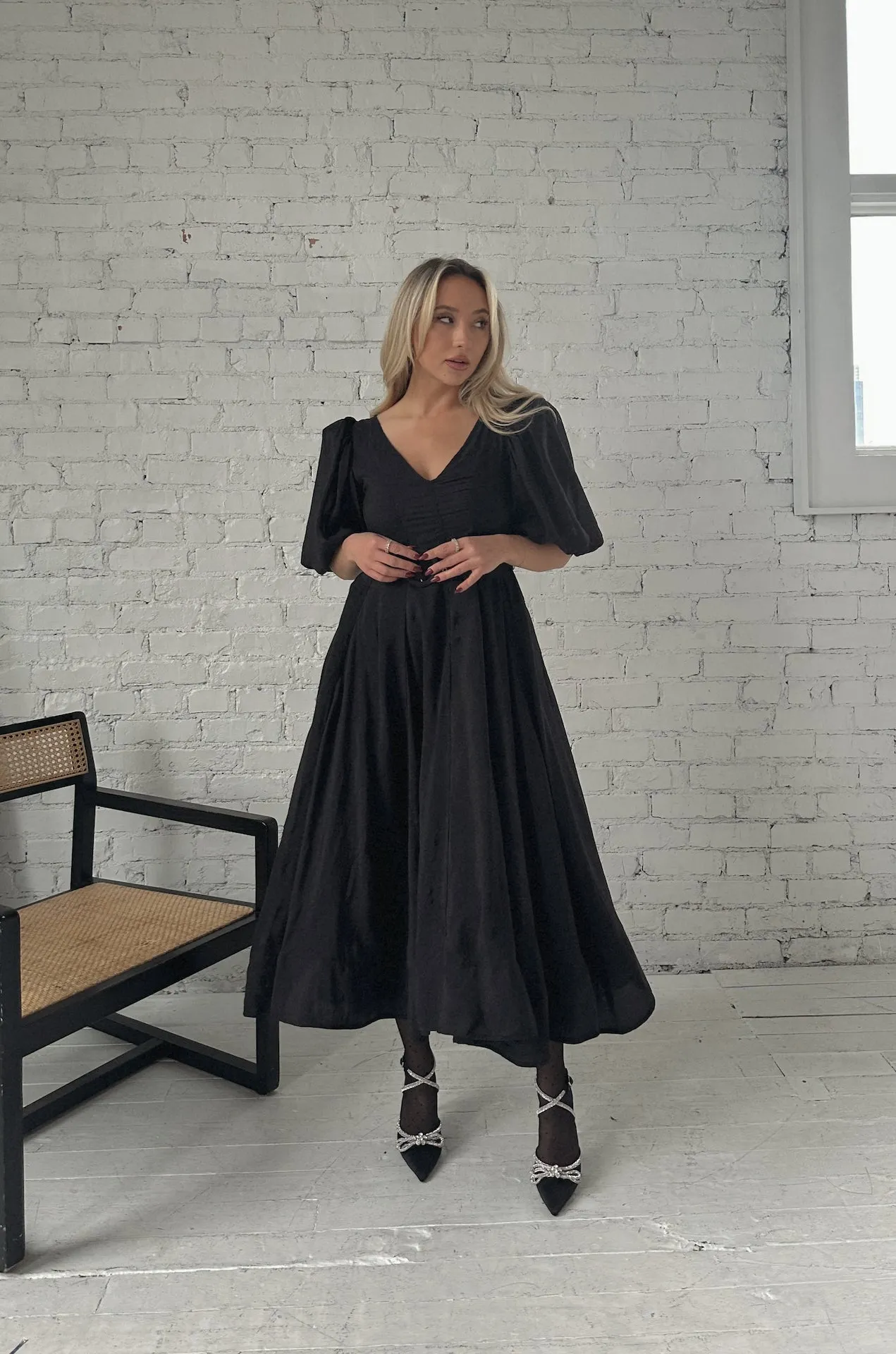 Charlotte Black Puff Sleeve Midi Dress - RESTOCKED