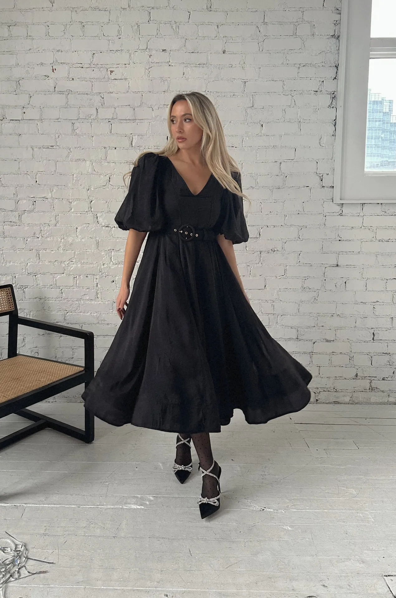 Charlotte Black Puff Sleeve Midi Dress - RESTOCKED