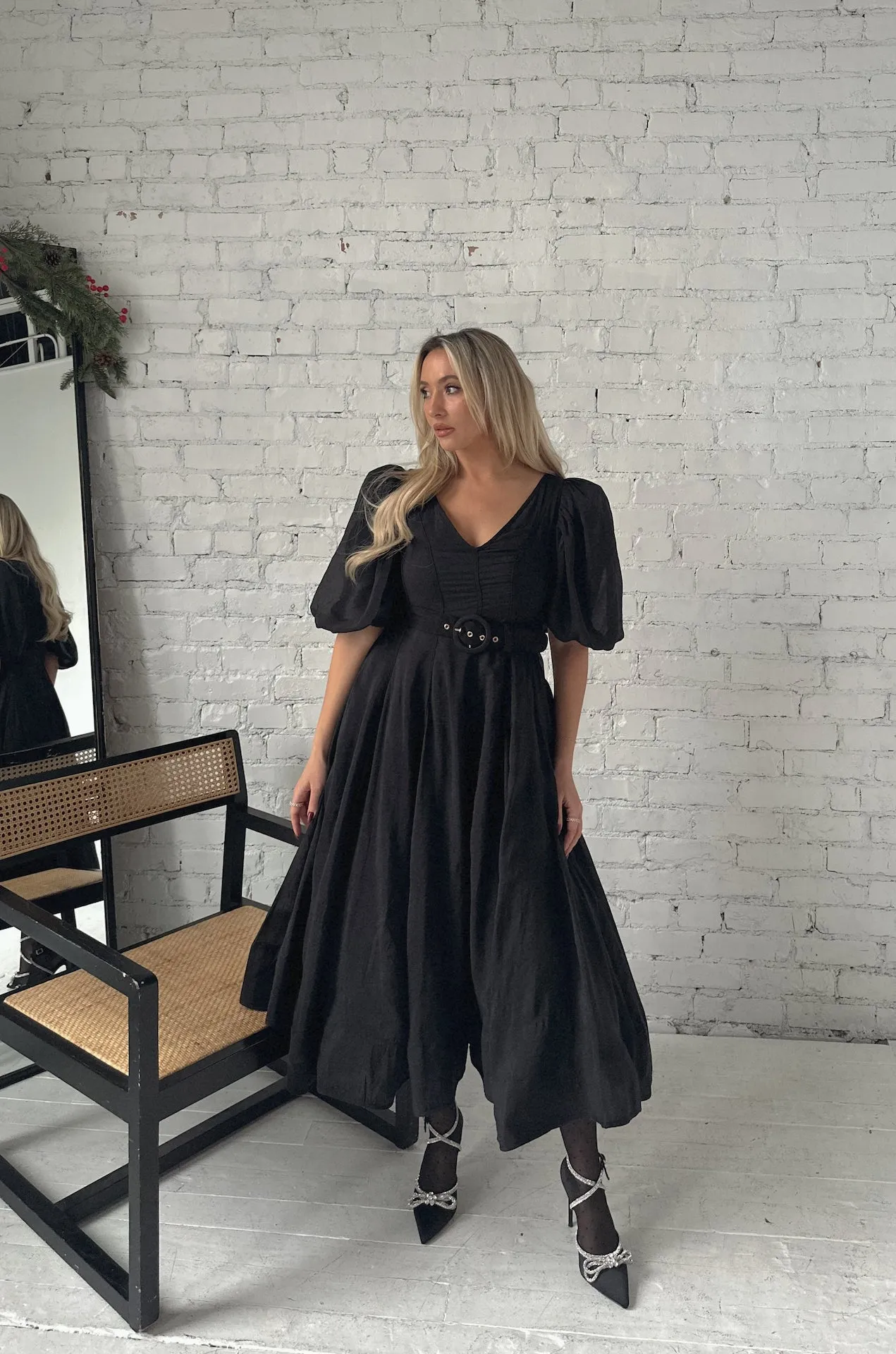 Charlotte Black Puff Sleeve Midi Dress - RESTOCKED