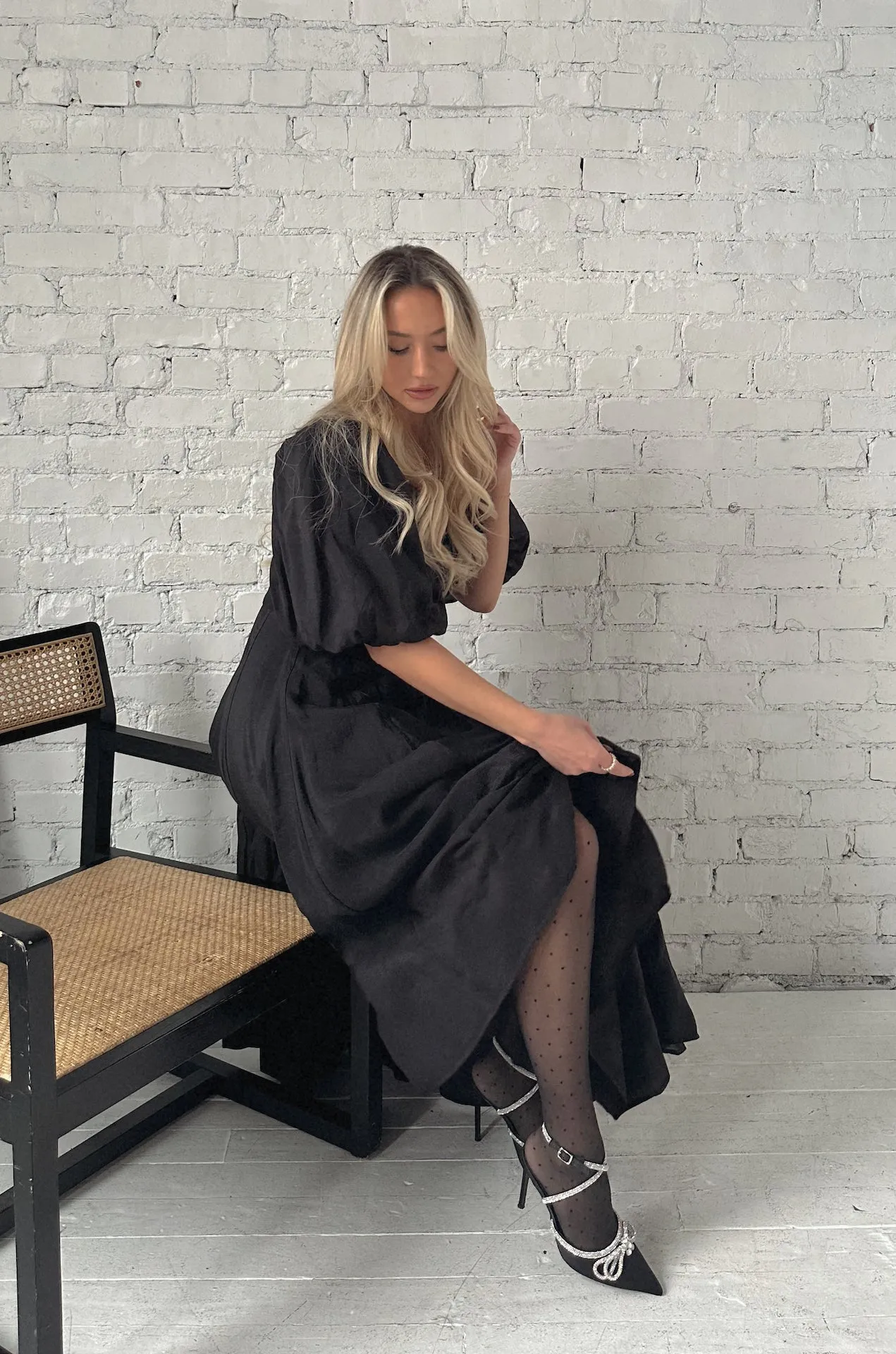 Charlotte Black Puff Sleeve Midi Dress - RESTOCKED