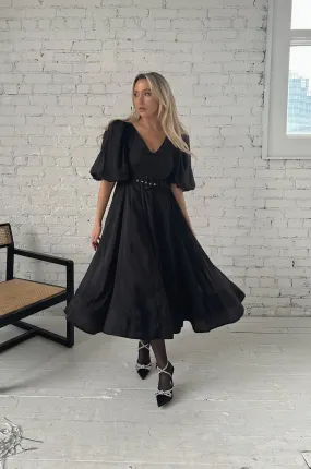 Charlotte Black Puff Sleeve Midi Dress - RESTOCKED