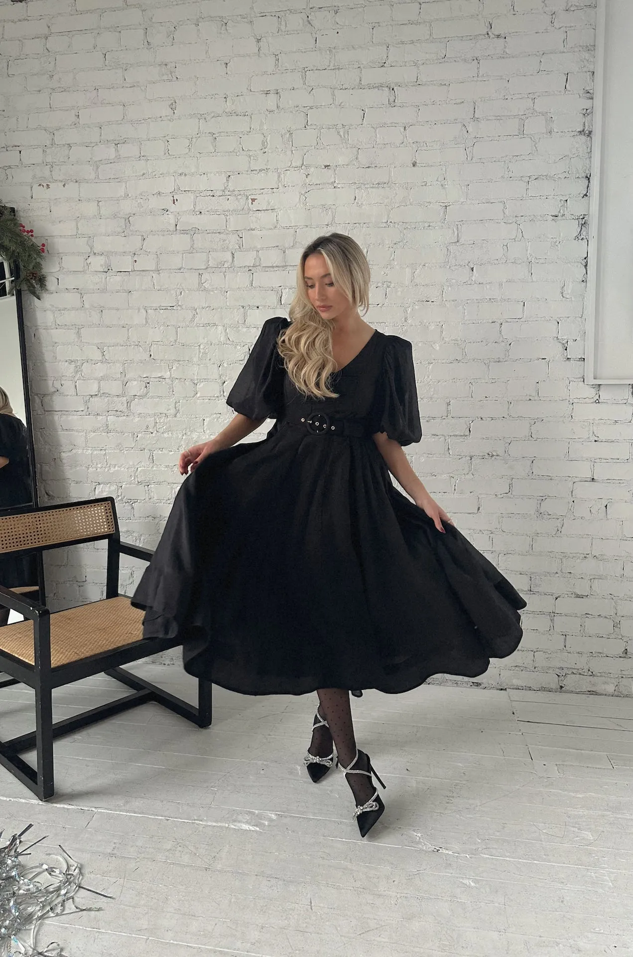 Charlotte Black Puff Sleeve Midi Dress - RESTOCKED