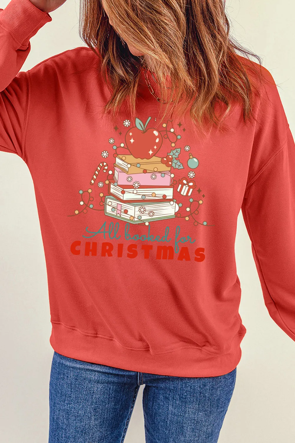 Christmas Crew Neck Apple Book Pattern Pullover Sweatshirt