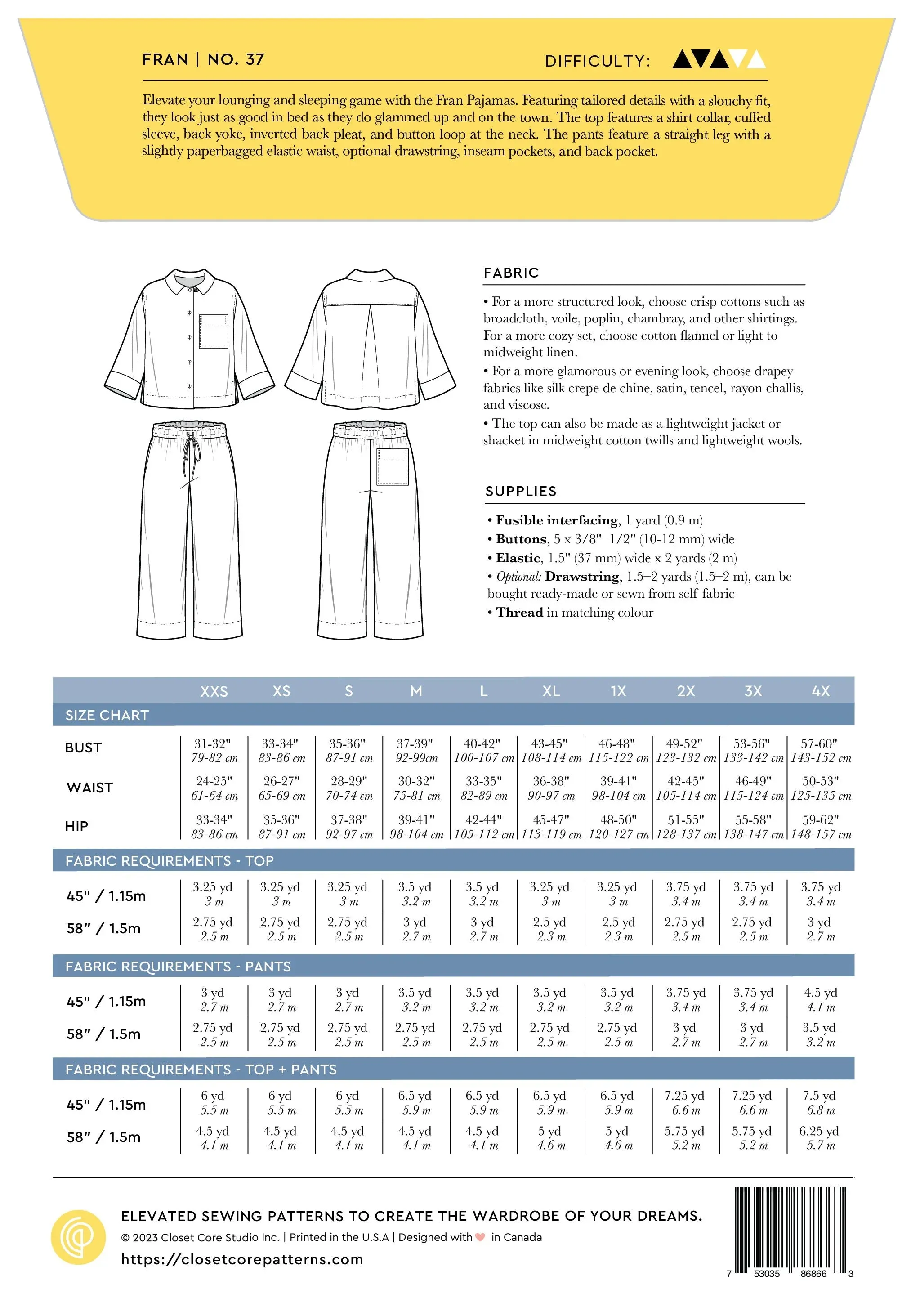 Closet Core Patterns, Fran Pajama Pattern