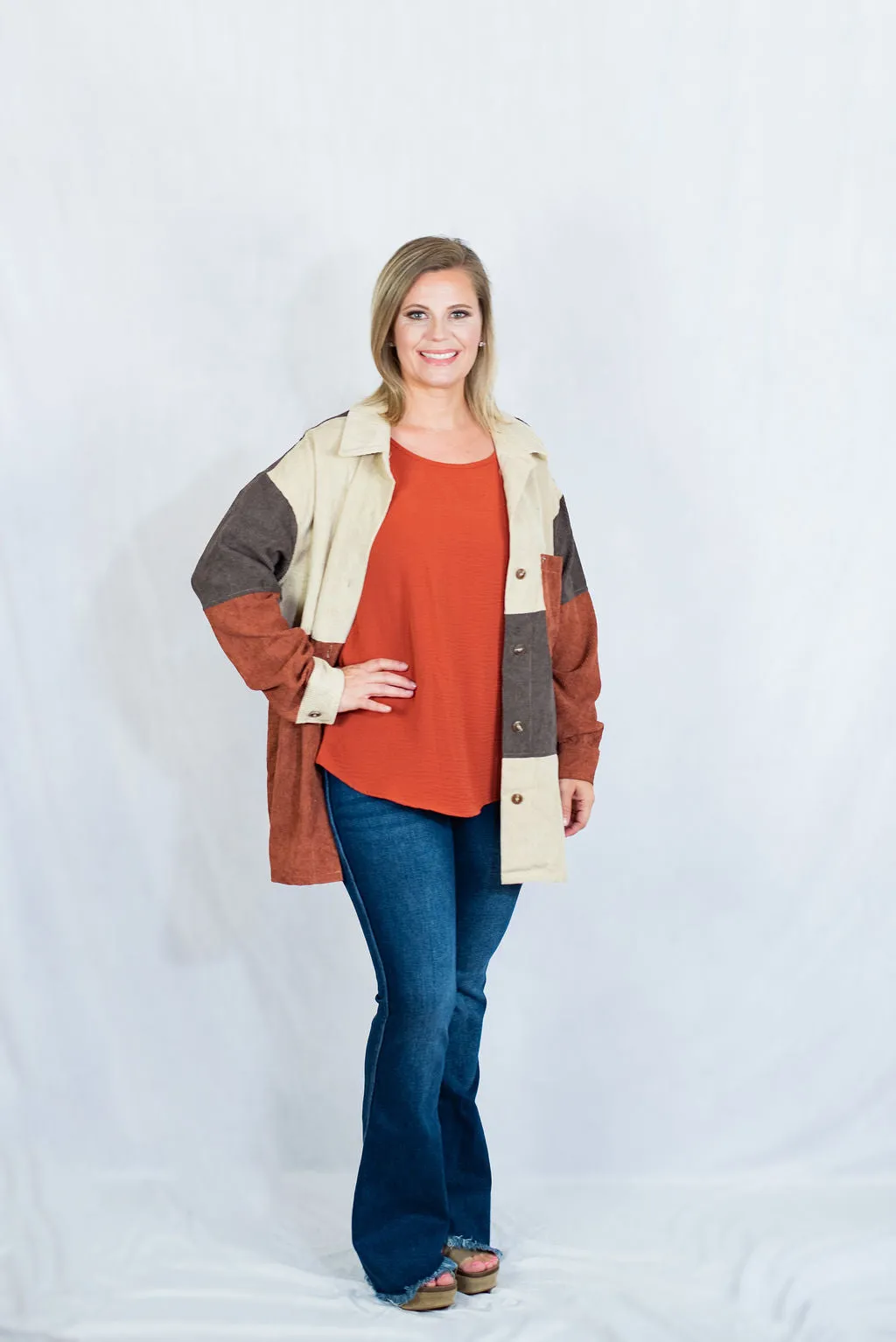 Colorblock Corduroy Button Up Shacket by Entro