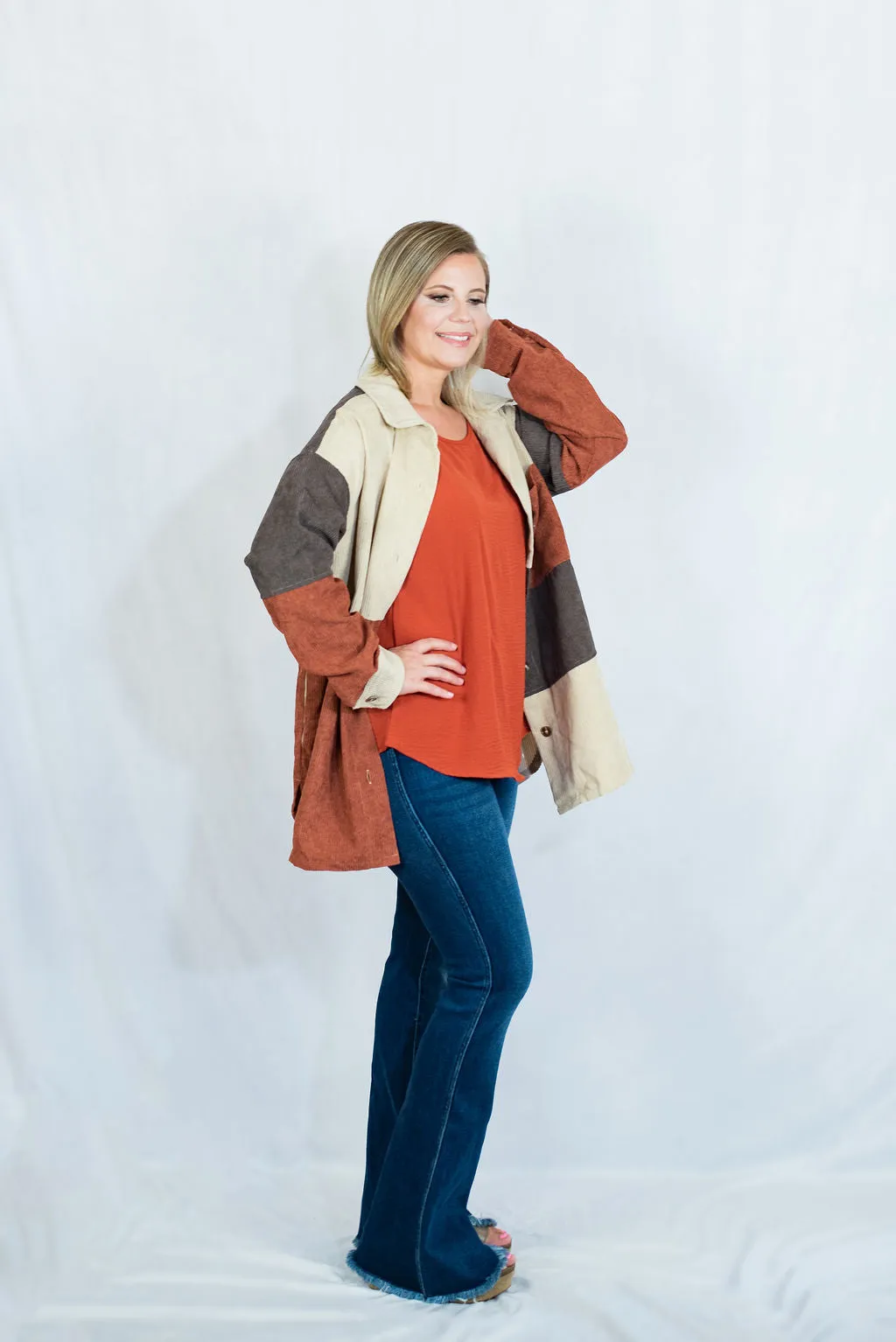 Colorblock Corduroy Button Up Shacket by Entro