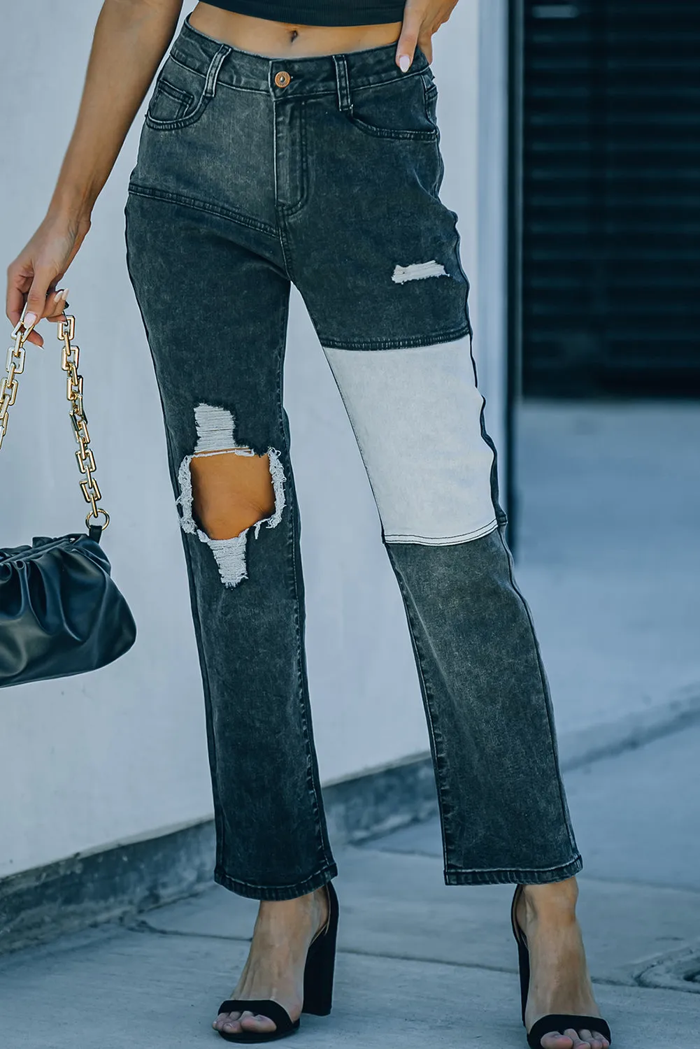 Colorblock Patchwork Ripped Hole Crop Straight Jeans