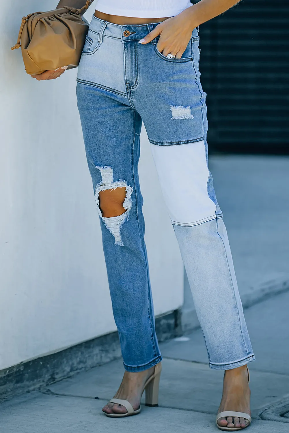 Colorblock Patchwork Ripped Hole Crop Straight Jeans