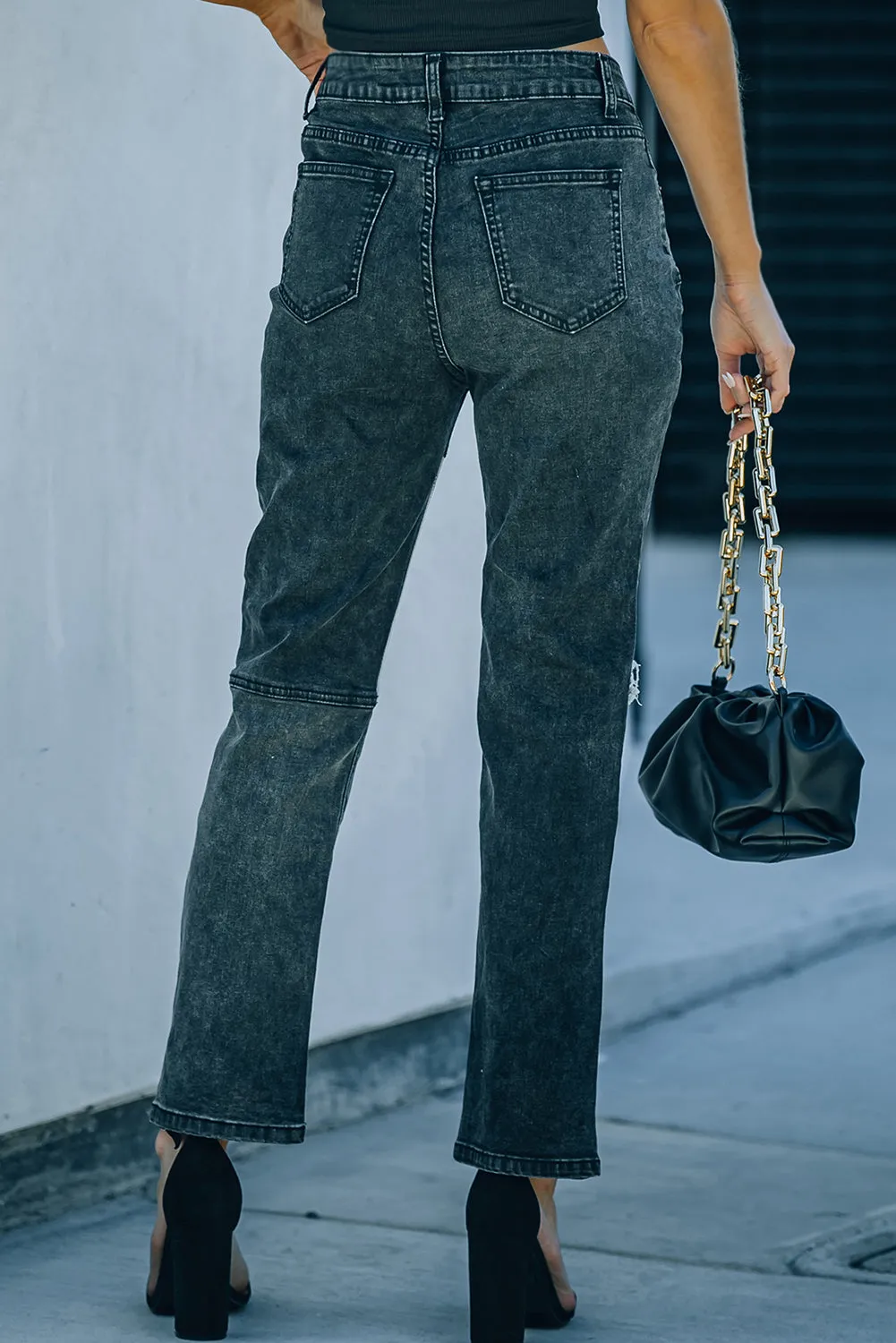 Colorblock Patchwork Ripped Hole Crop Straight Jeans