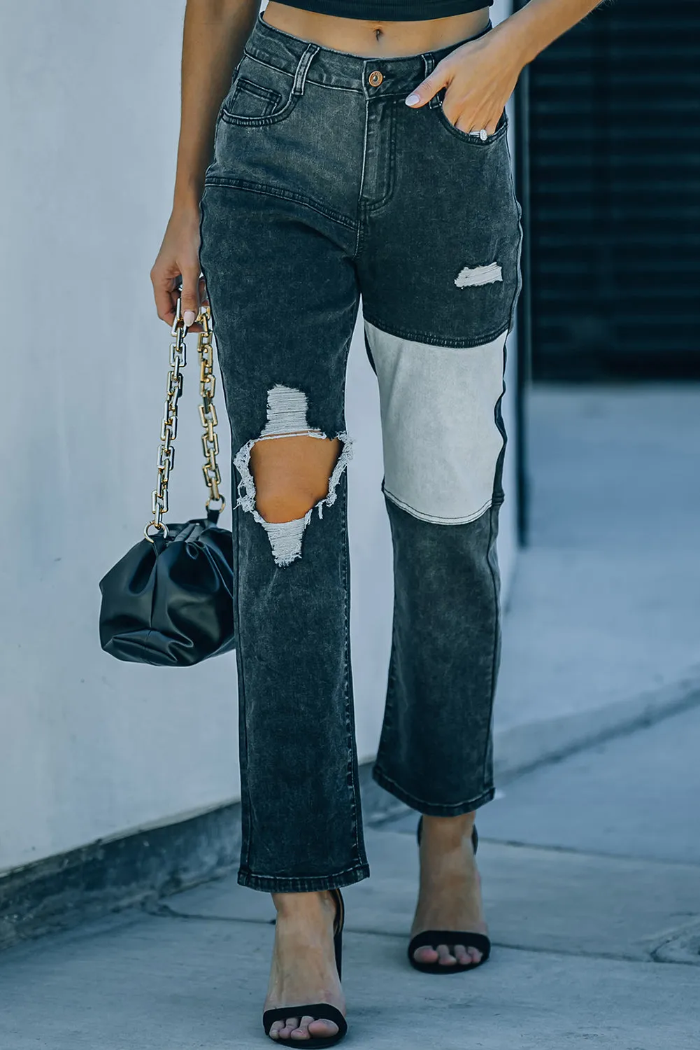 Colorblock Patchwork Ripped Hole Crop Straight Jeans