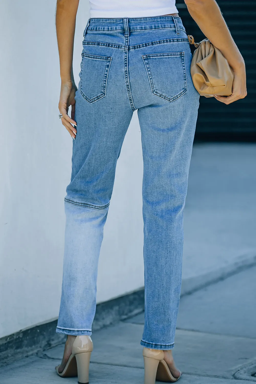 Colorblock Patchwork Ripped Hole Crop Straight Jeans