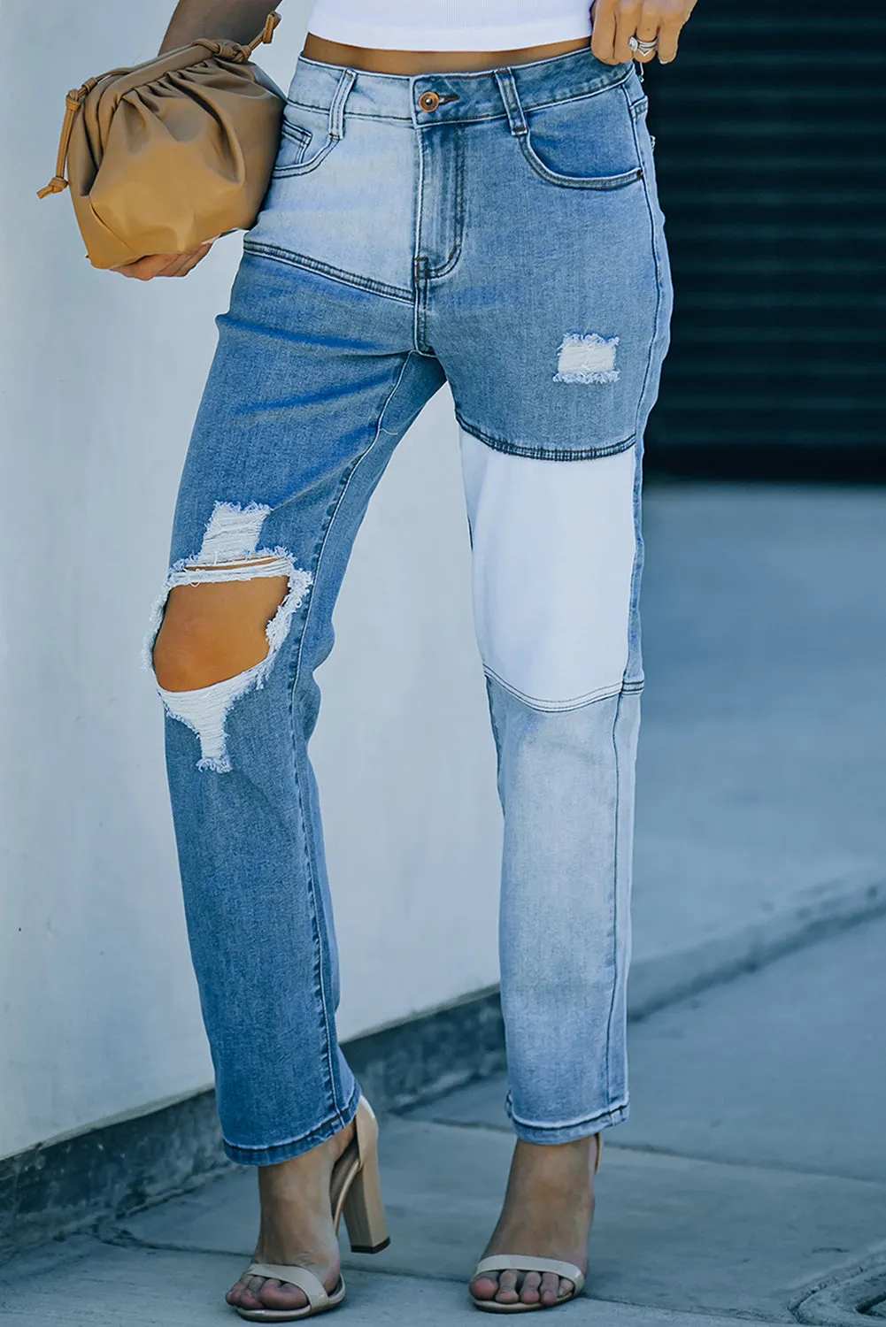 Colorblock Patchwork Ripped Hole Crop Straight Jeans
