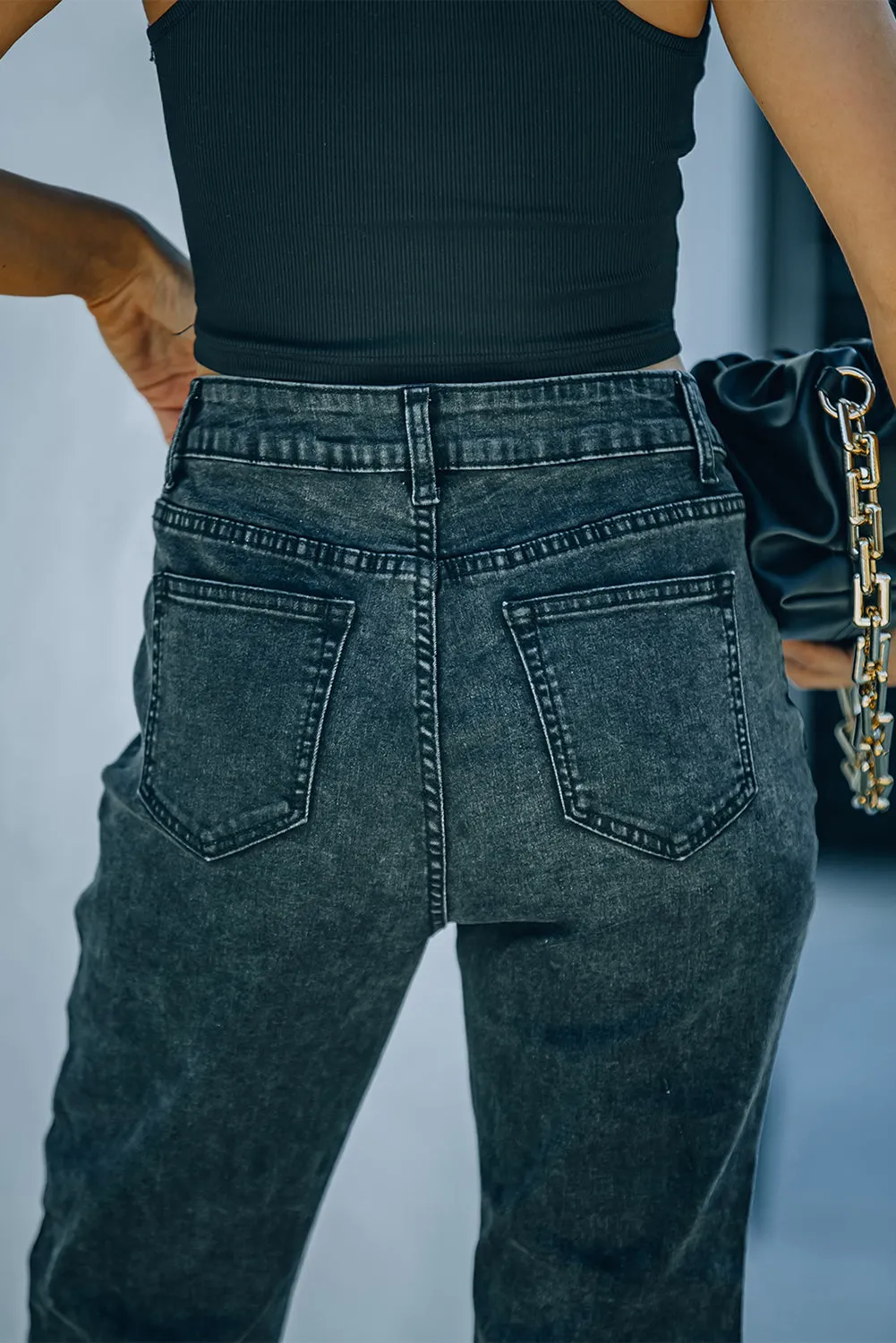 Colorblock Patchwork Ripped Hole Crop Straight Jeans