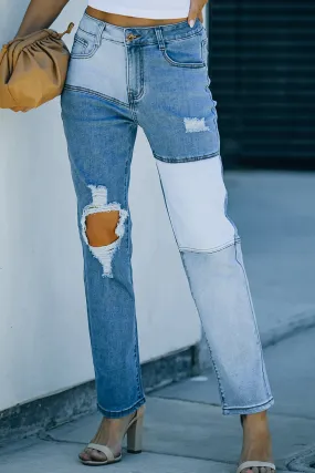 Colorblock Patchwork Ripped Hole Crop Straight Jeans