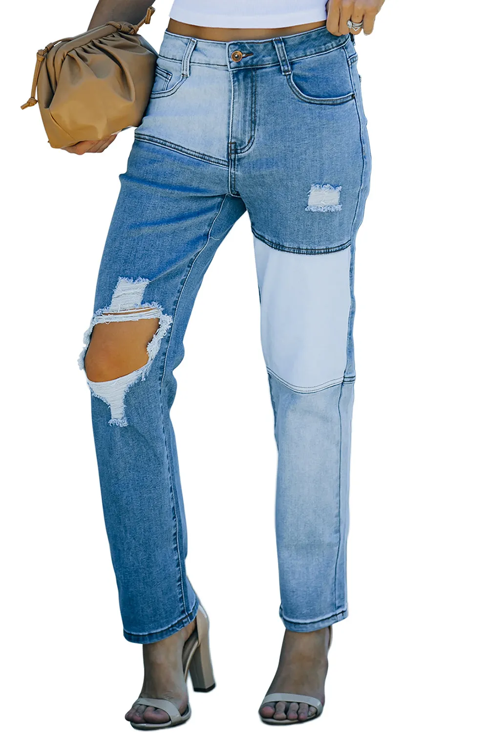 Colorblock Patchwork Ripped Hole Crop Straight Jeans