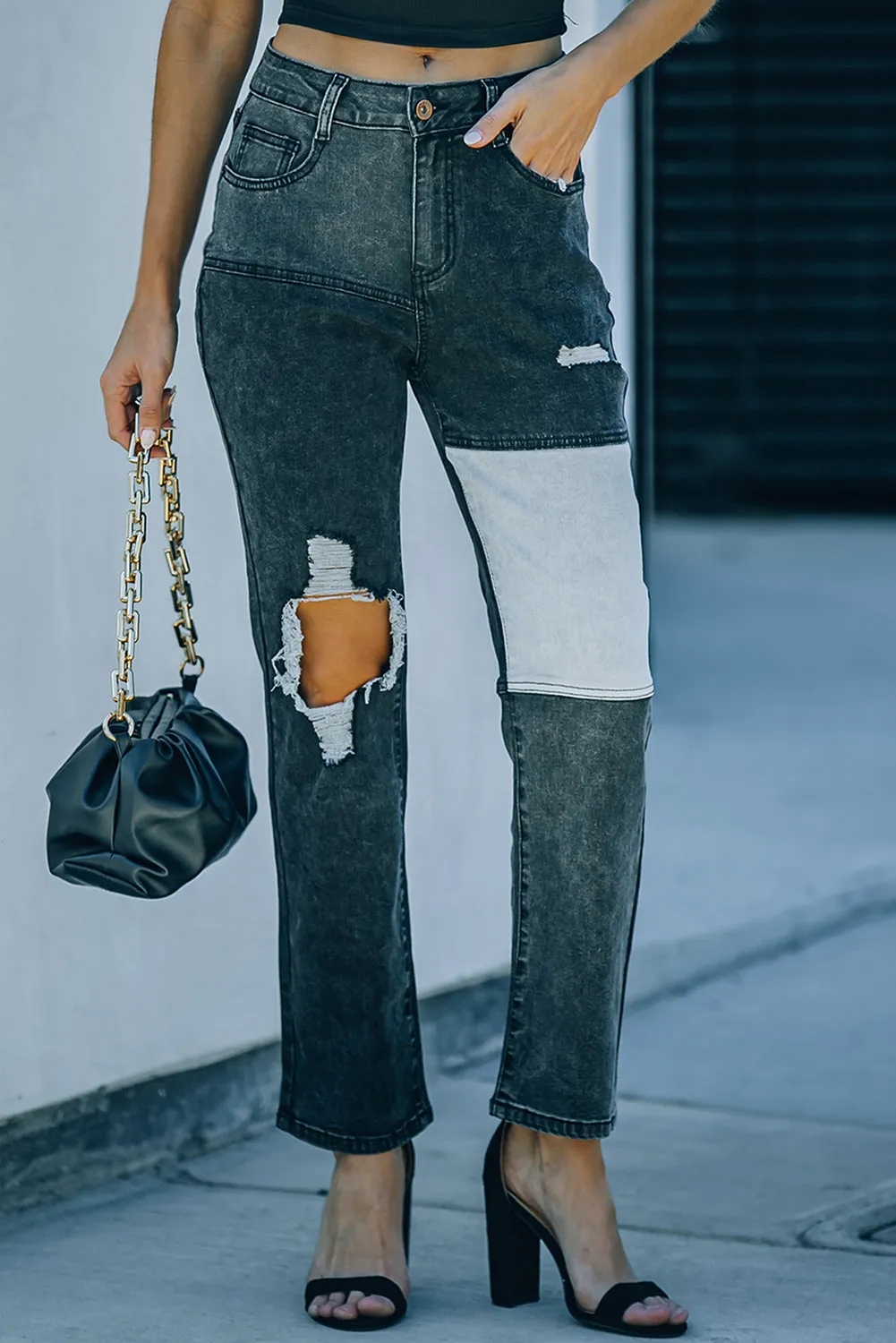 Colorblock Patchwork Ripped Hole Crop Straight Jeans