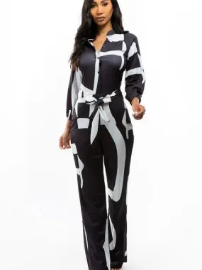 Conquer the World Long Sleeve Belt Tie Satin Jumpsuit