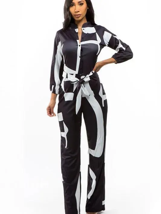 Conquer the World Long Sleeve Belt Tie Satin Jumpsuit