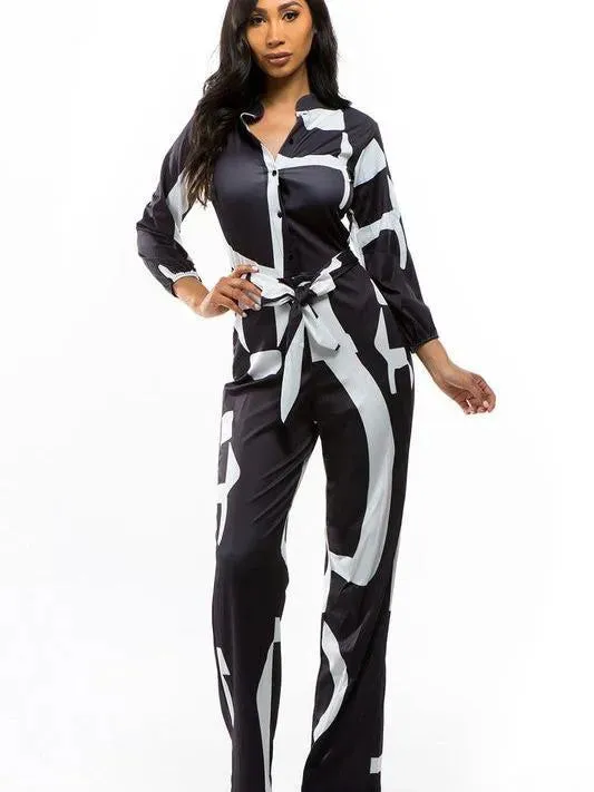 Conquer the World Long Sleeve Belt Tie Satin Jumpsuit