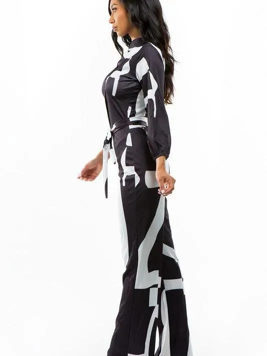 Conquer the World Long Sleeve Belt Tie Satin Jumpsuit