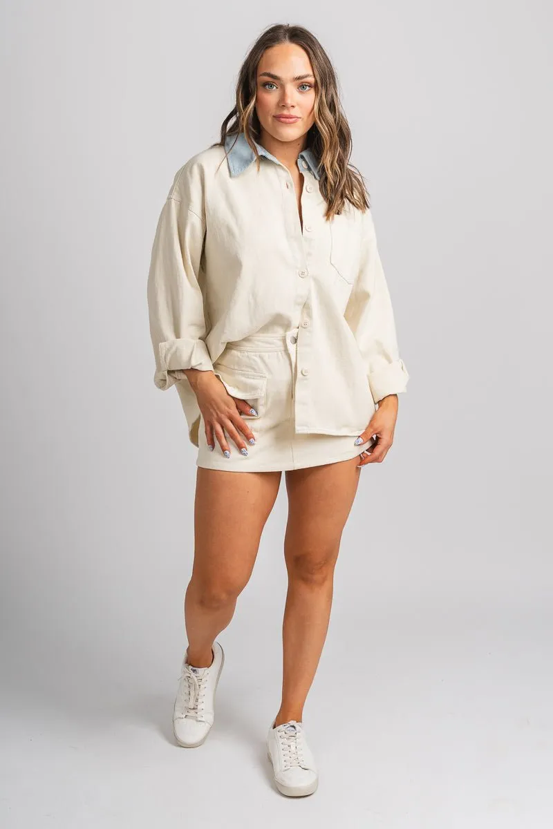 Contrast collar shacket cream