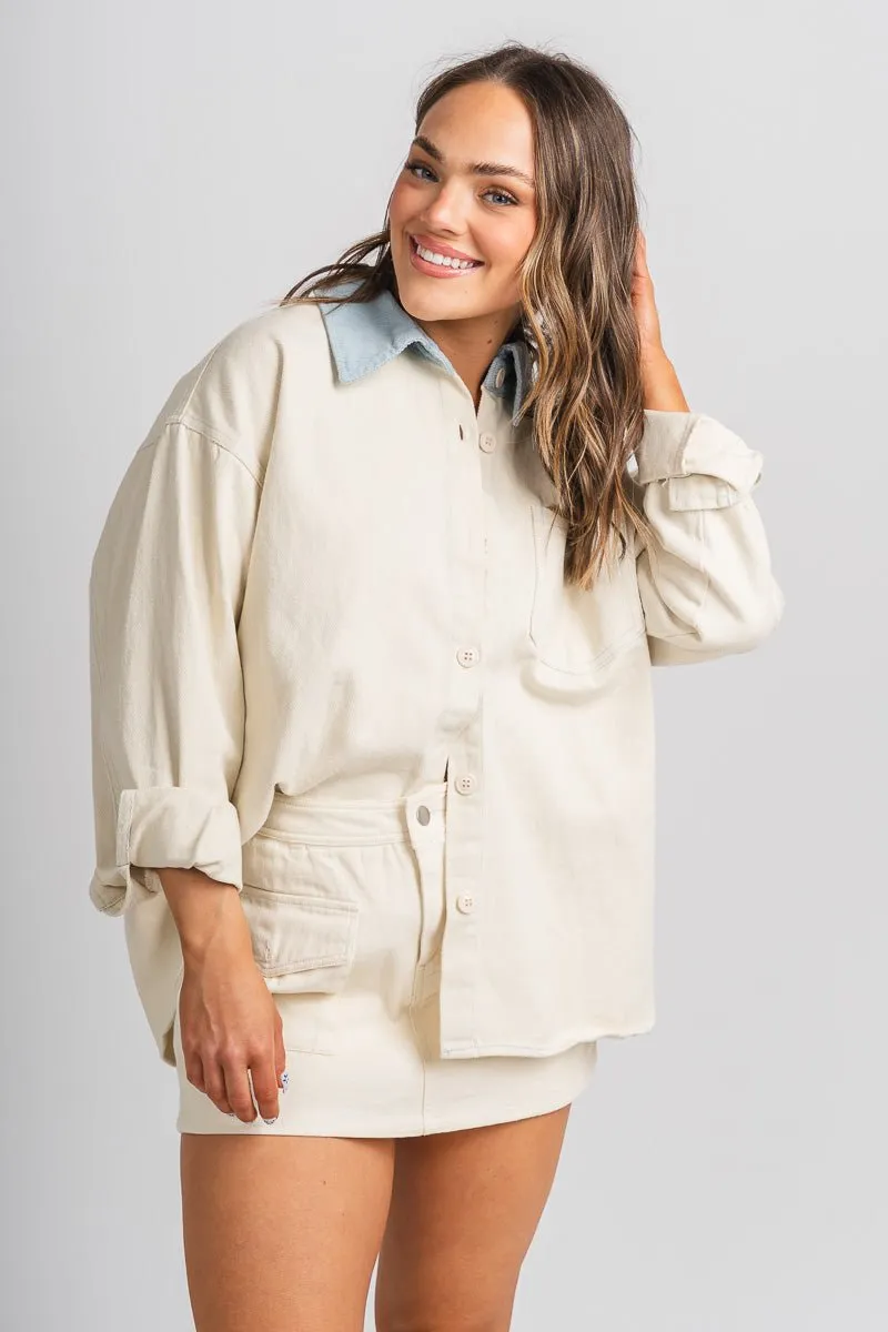 Contrast collar shacket cream