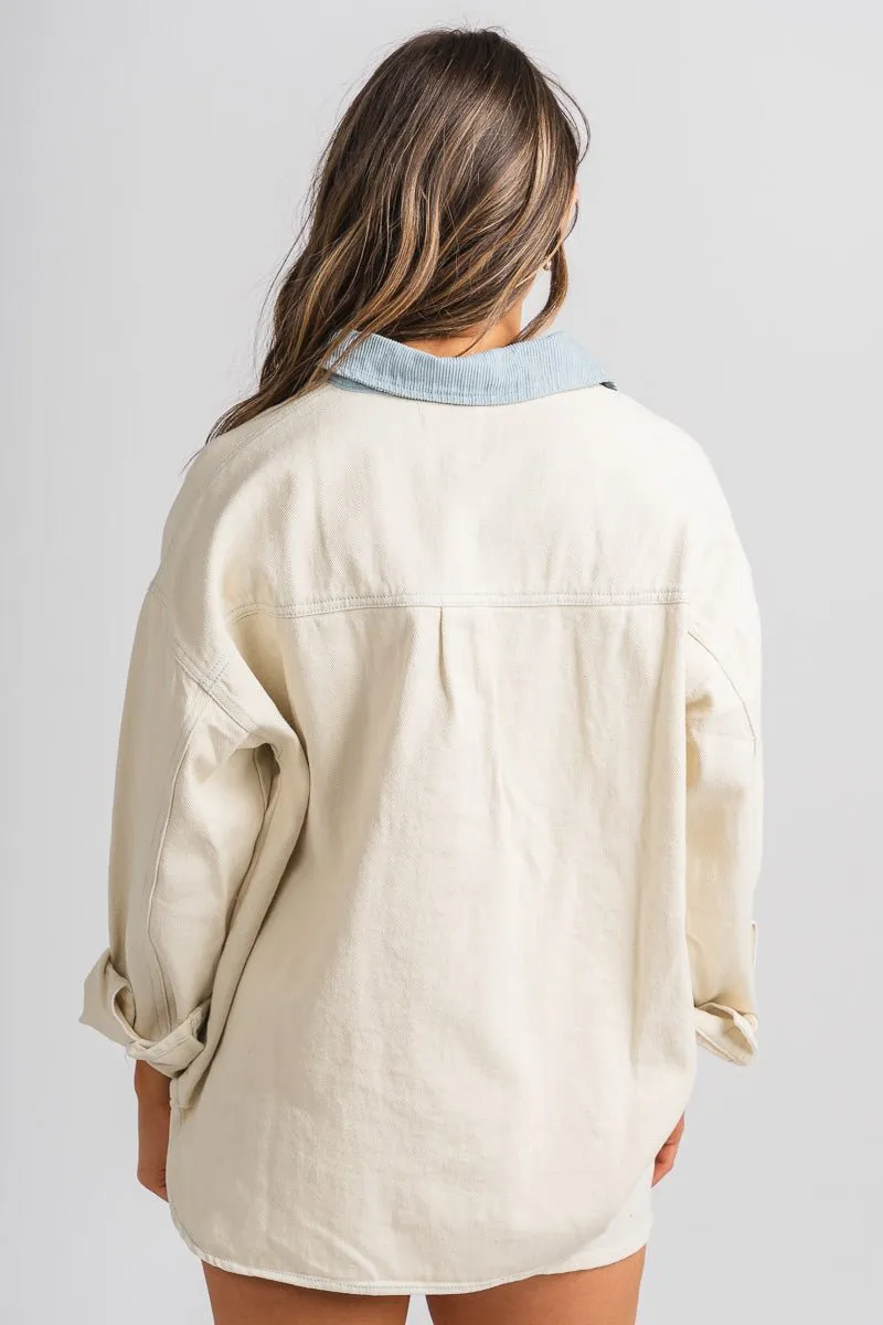 Contrast collar shacket cream