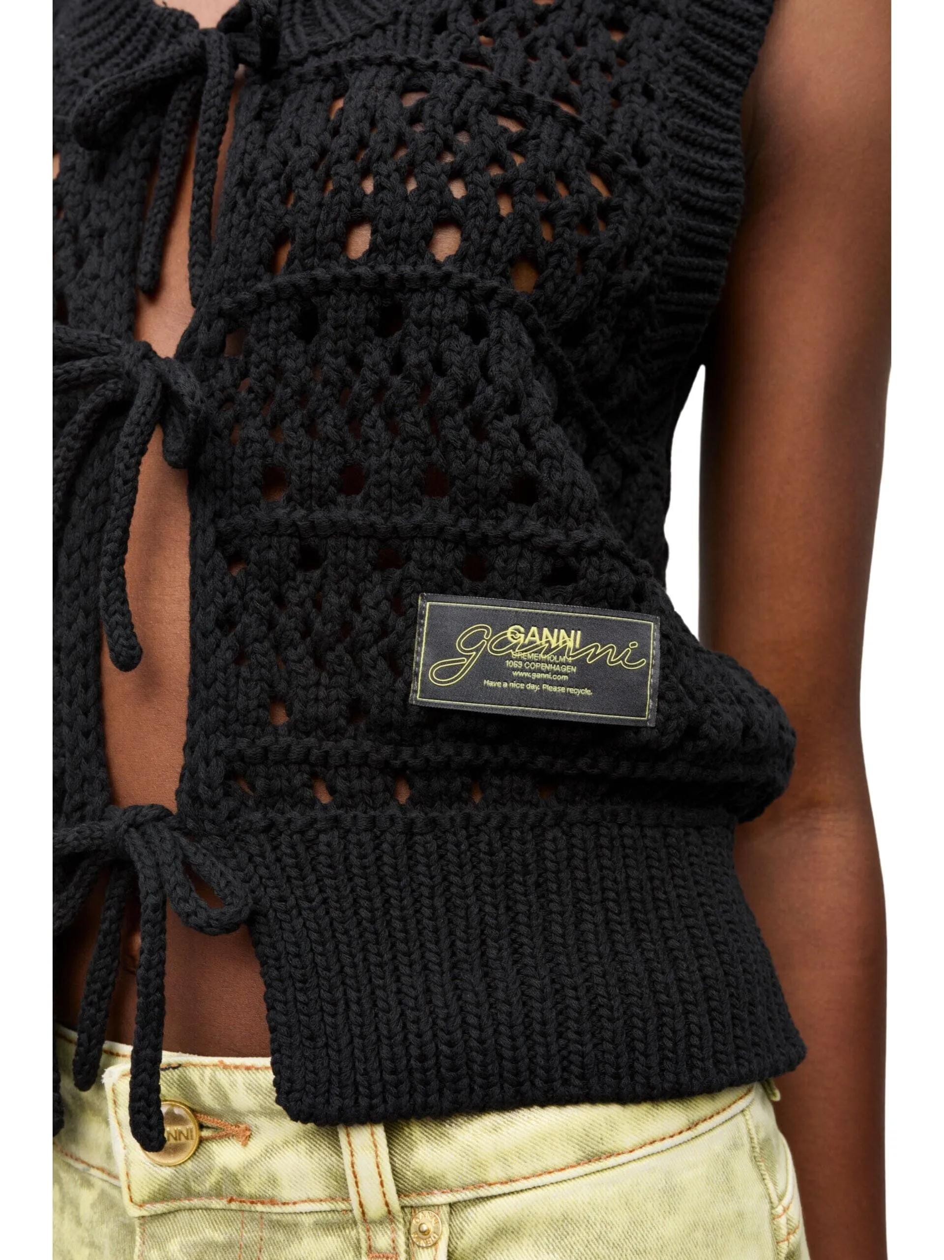 Cotton Mix Tie String Vest / Black