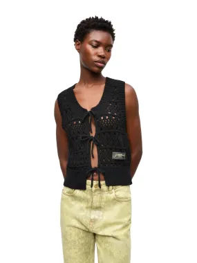Cotton Mix Tie String Vest / Black