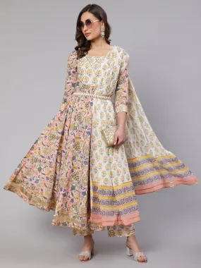 Cotton Printed  Ankle Length Flared Round Neck Kurta, Pants With Dupatta Set