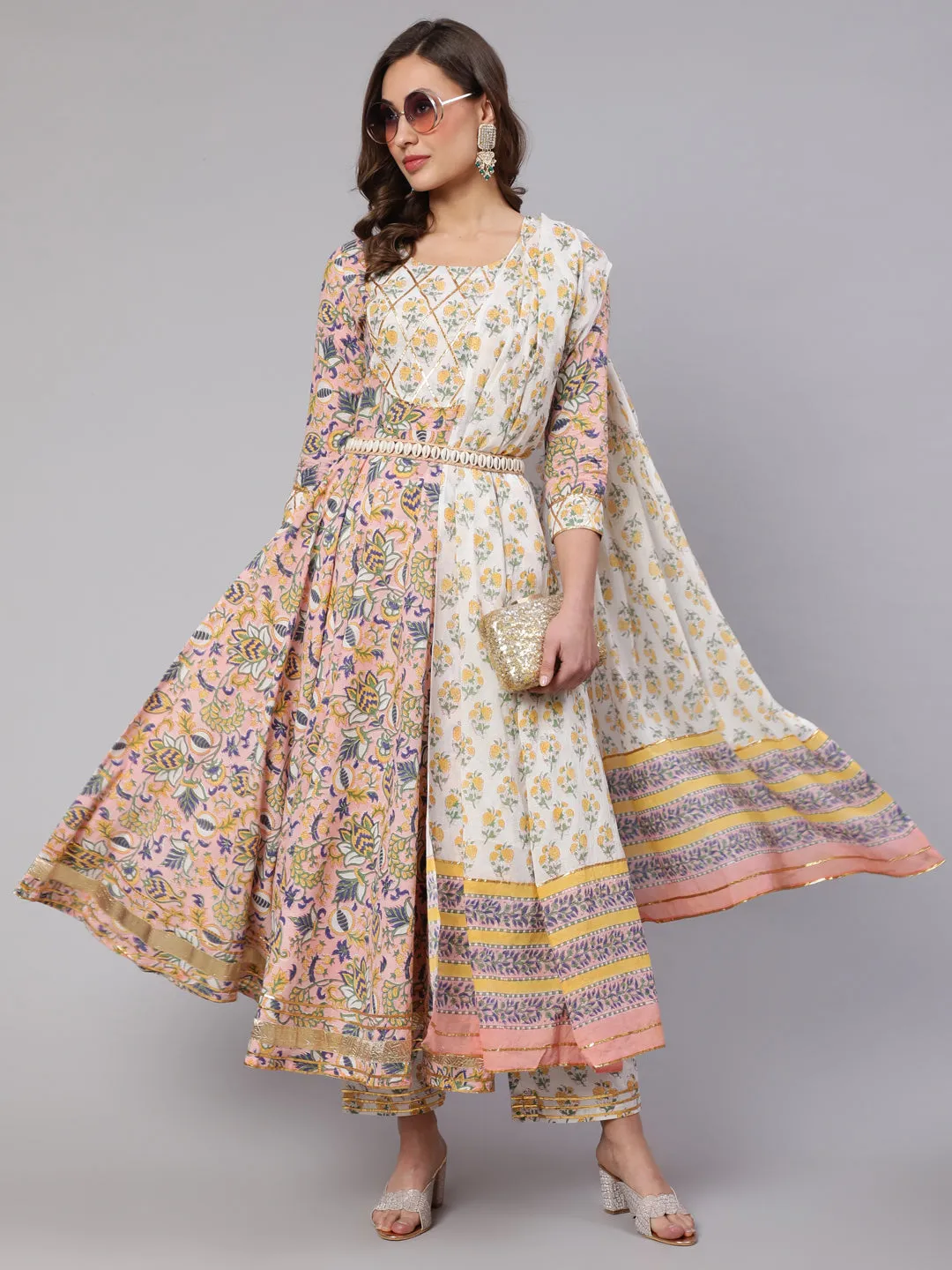 Cotton Printed  Ankle Length Flared Round Neck Kurta, Pants With Dupatta Set