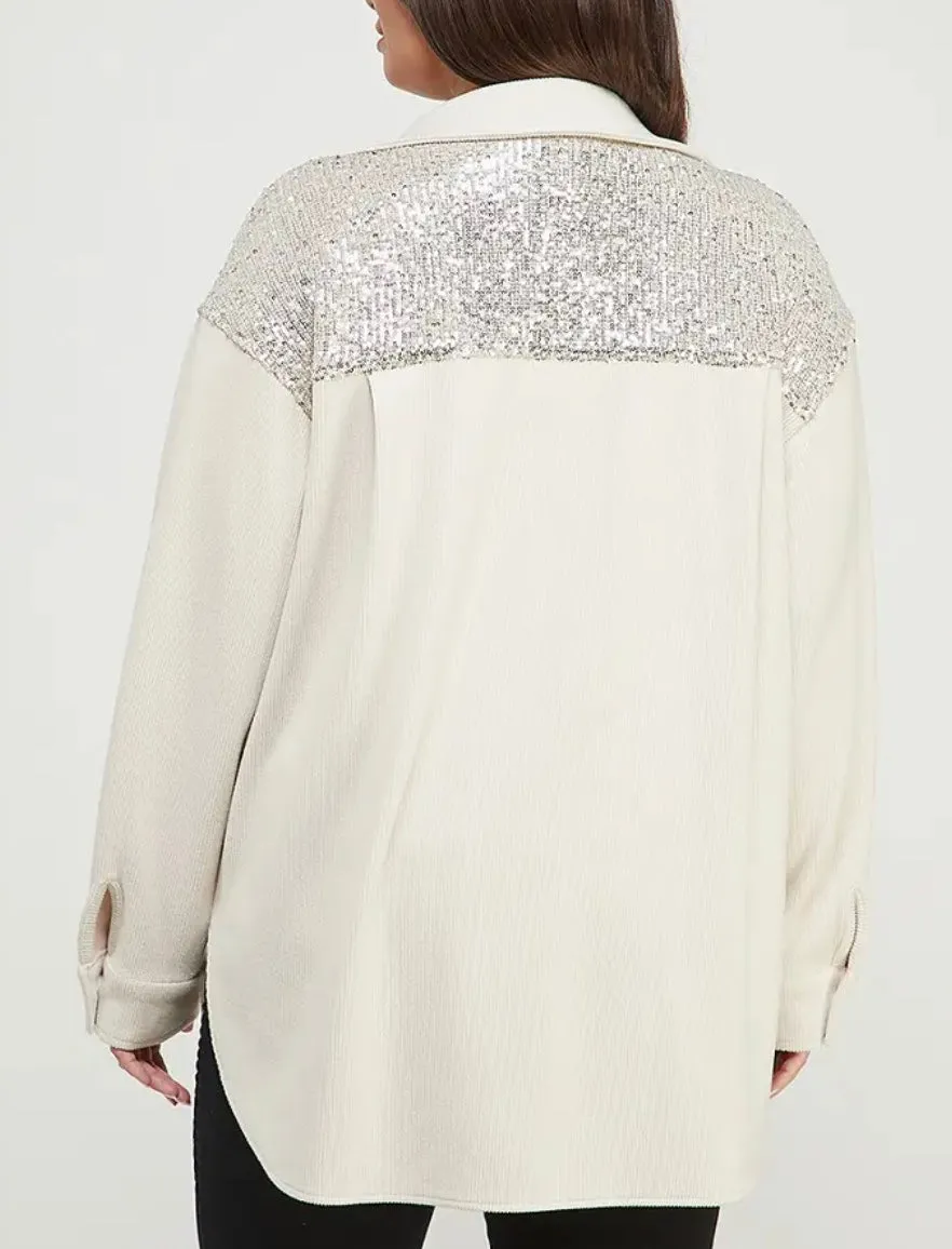 Cream Silver Sequin Corduroy Shacket Jacket Plus