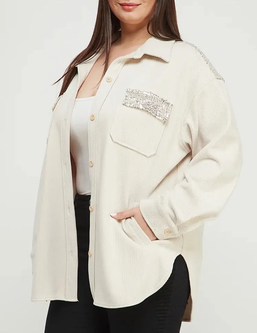 Cream Silver Sequin Corduroy Shacket Jacket Plus