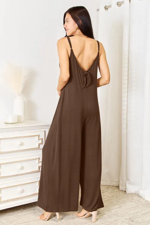 Curvy Girl Soft Rayon Spaghetti Strap Tied Wide Leg Jumpsuit