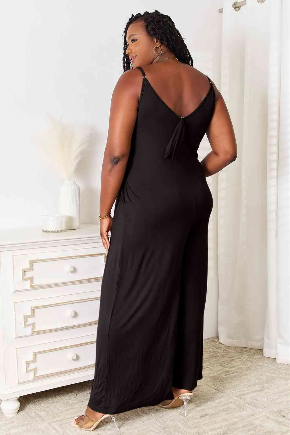 Curvy Girl Soft Rayon Spaghetti Strap Tied Wide Leg Jumpsuit