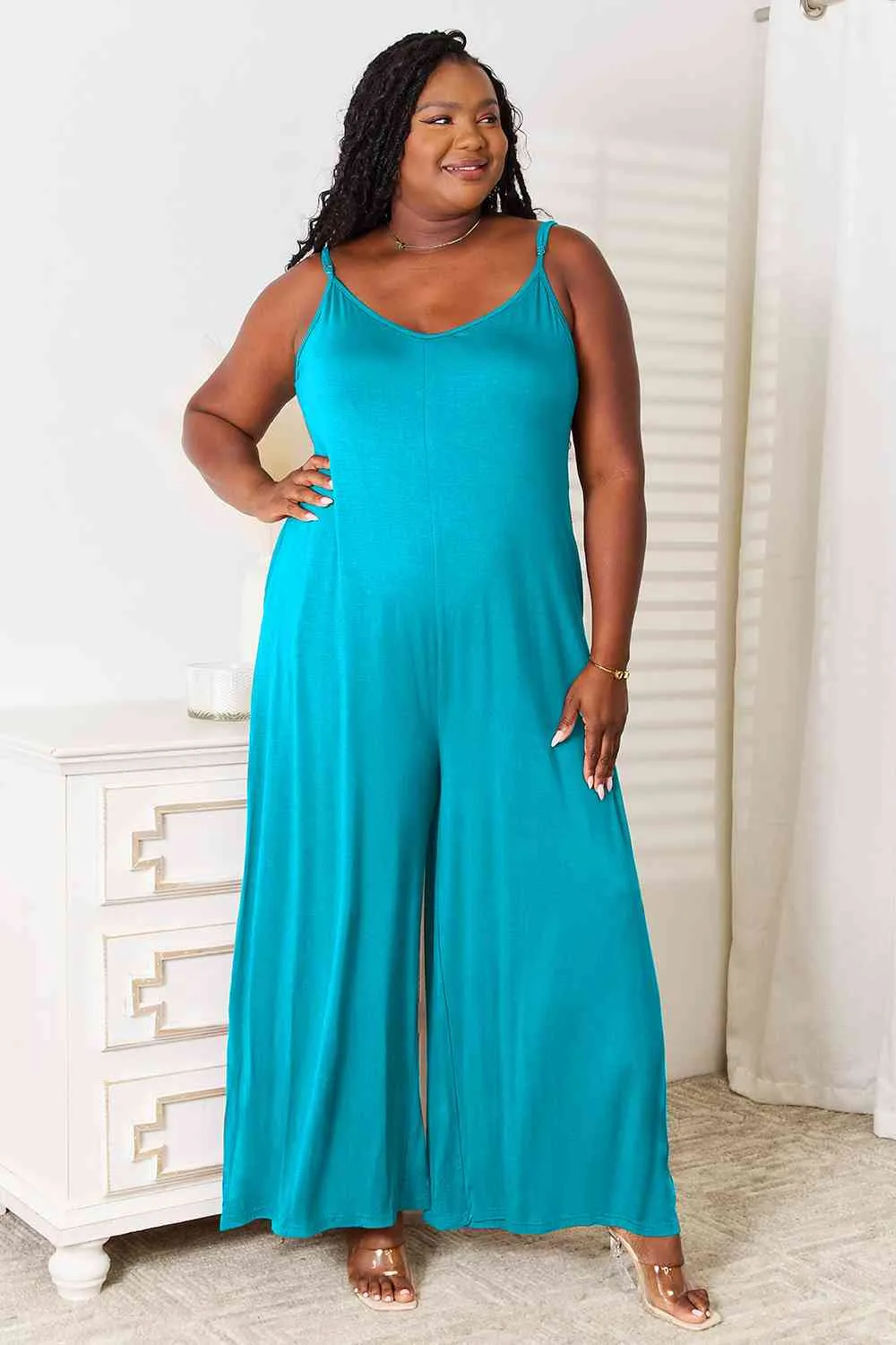 Curvy Girl Soft Rayon Spaghetti Strap Tied Wide Leg Jumpsuit