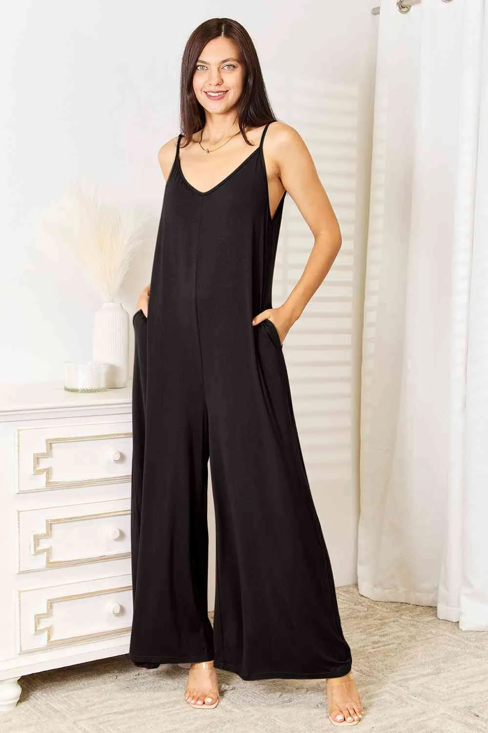 Curvy Girl Soft Rayon Spaghetti Strap Tied Wide Leg Jumpsuit