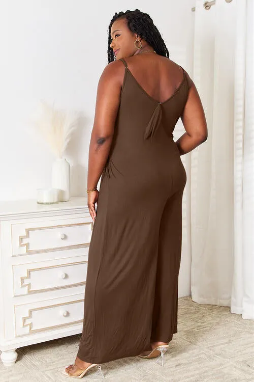Curvy Girl Soft Rayon Spaghetti Strap Tied Wide Leg Jumpsuit