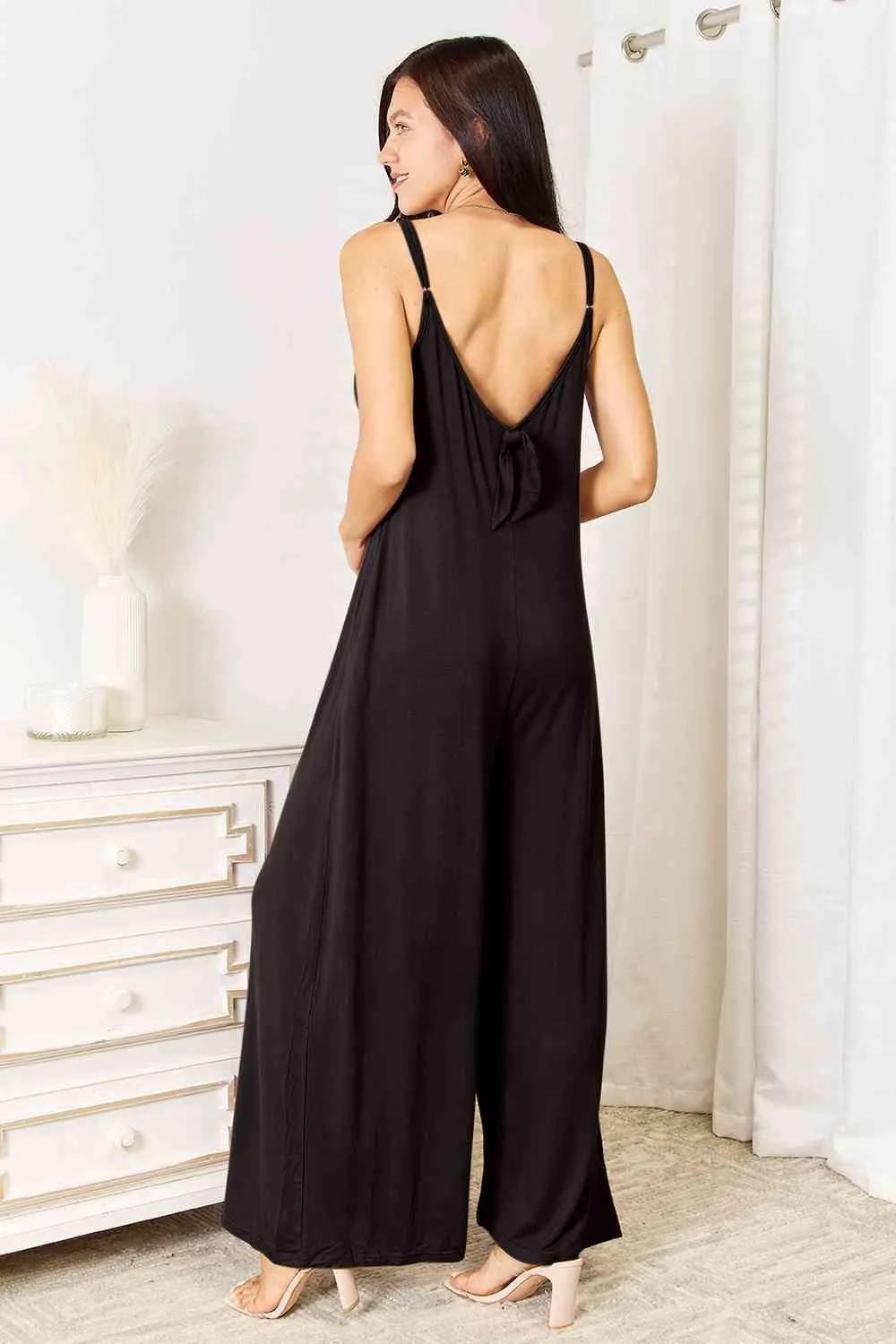 Curvy Girl Soft Rayon Spaghetti Strap Tied Wide Leg Jumpsuit