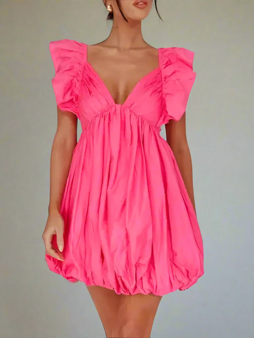 Deep V-Neck Babydoll Dress - Ruffle Sleeves, Cutout Back, Sexy Short Mini Dress in Rose Red