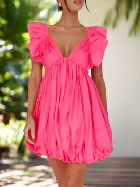 Deep V-Neck Babydoll Dress - Ruffle Sleeves, Cutout Back, Sexy Short Mini Dress in Rose Red