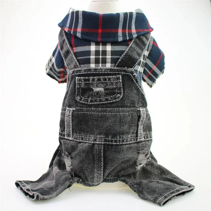 Dog Cat Denim Plaid Jumpsuit Hoodie Pet Puppy Jean Jacket Spring/Autumn Clothes Apparel 4 Colours