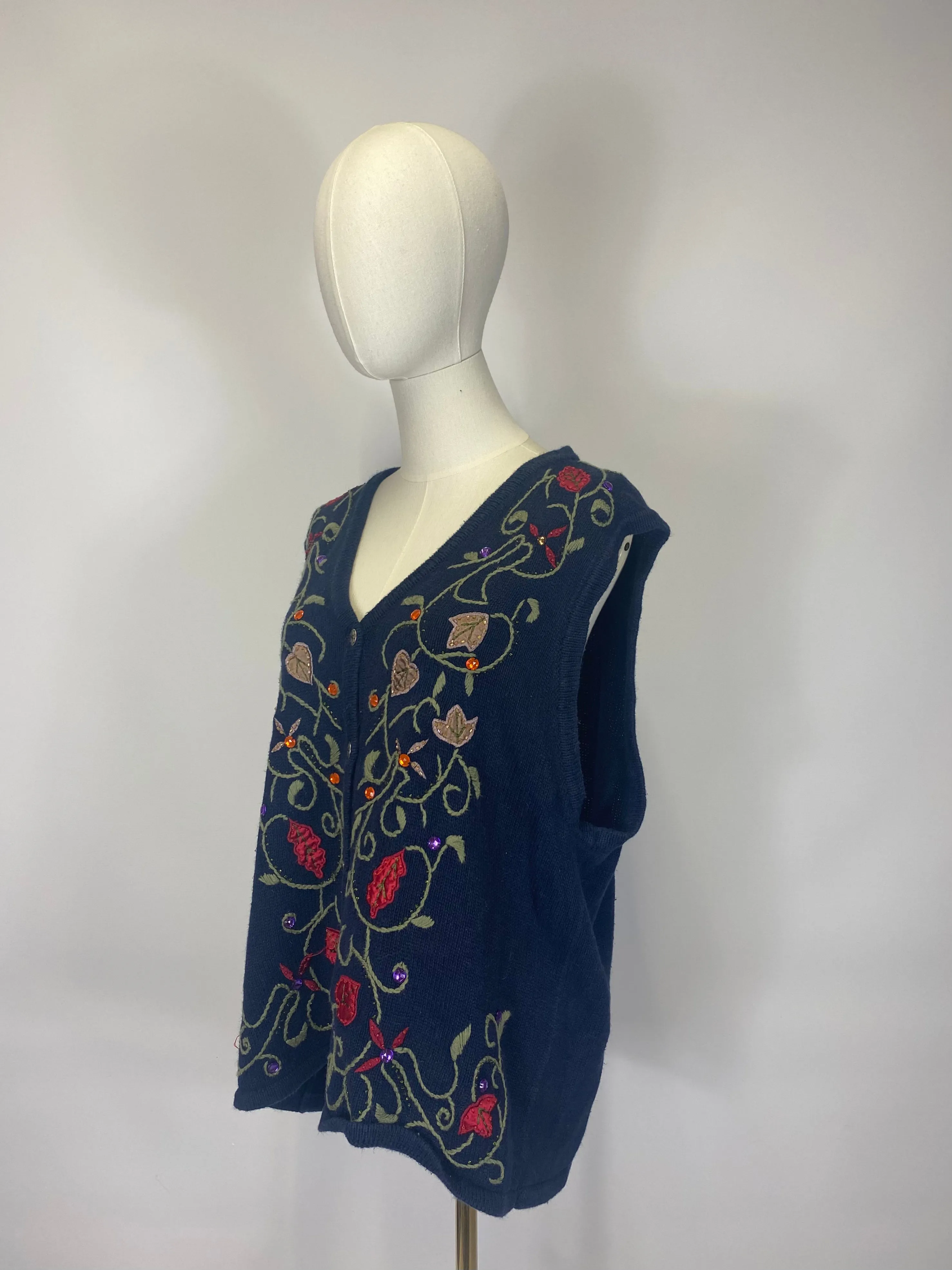 Embroidered Navy Knitted Sweater Vest - Size 16
