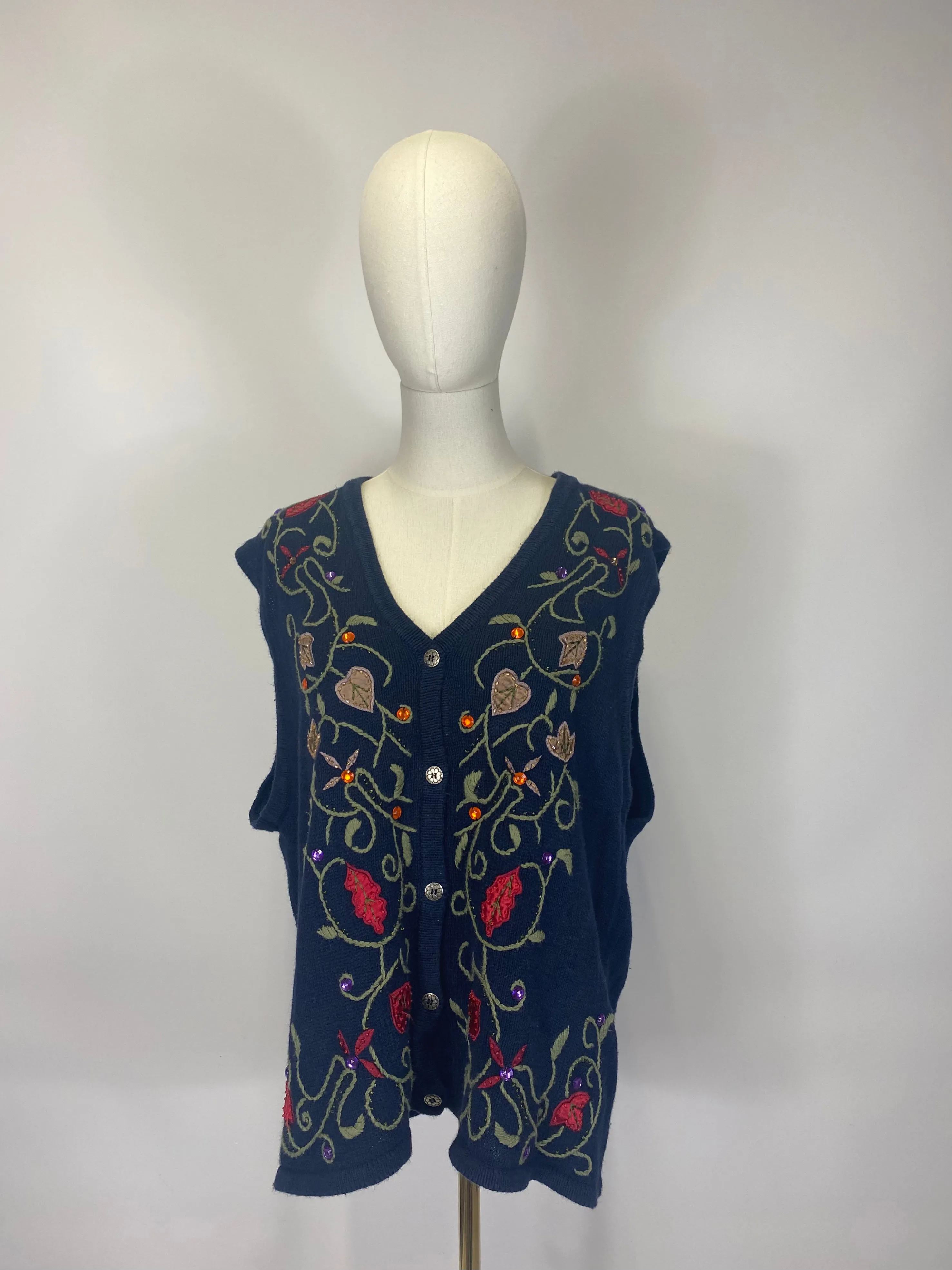 Embroidered Navy Knitted Sweater Vest - Size 16