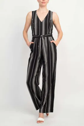 Emma Michele V-Neck Sleeveless Tie Waist Pockets Zipper Back Crepe Jumpsuit