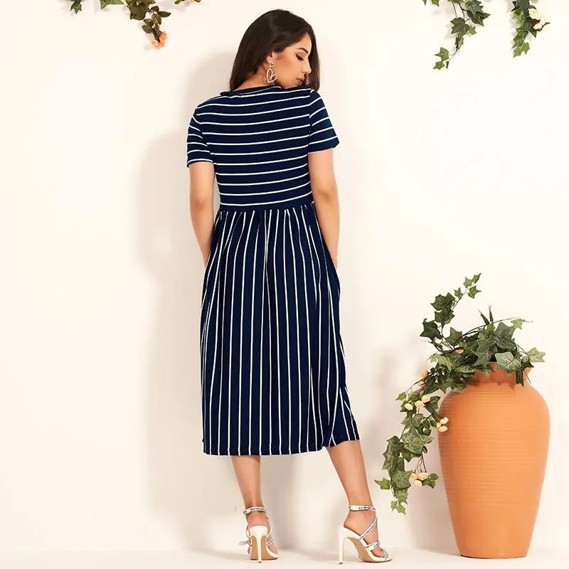 FashionSierra - Women's T Shirt Dress O Neck Striped Short Sleeve Dress