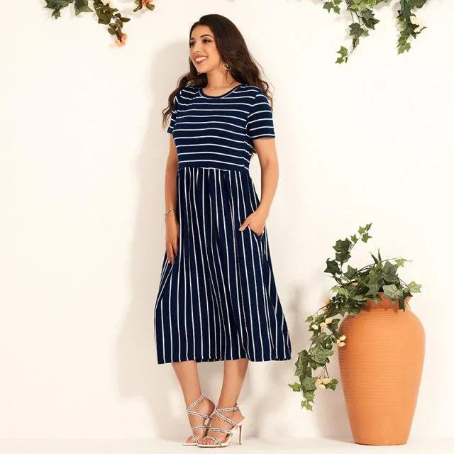 FashionSierra - Women's T Shirt Dress O Neck Striped Short Sleeve Dress