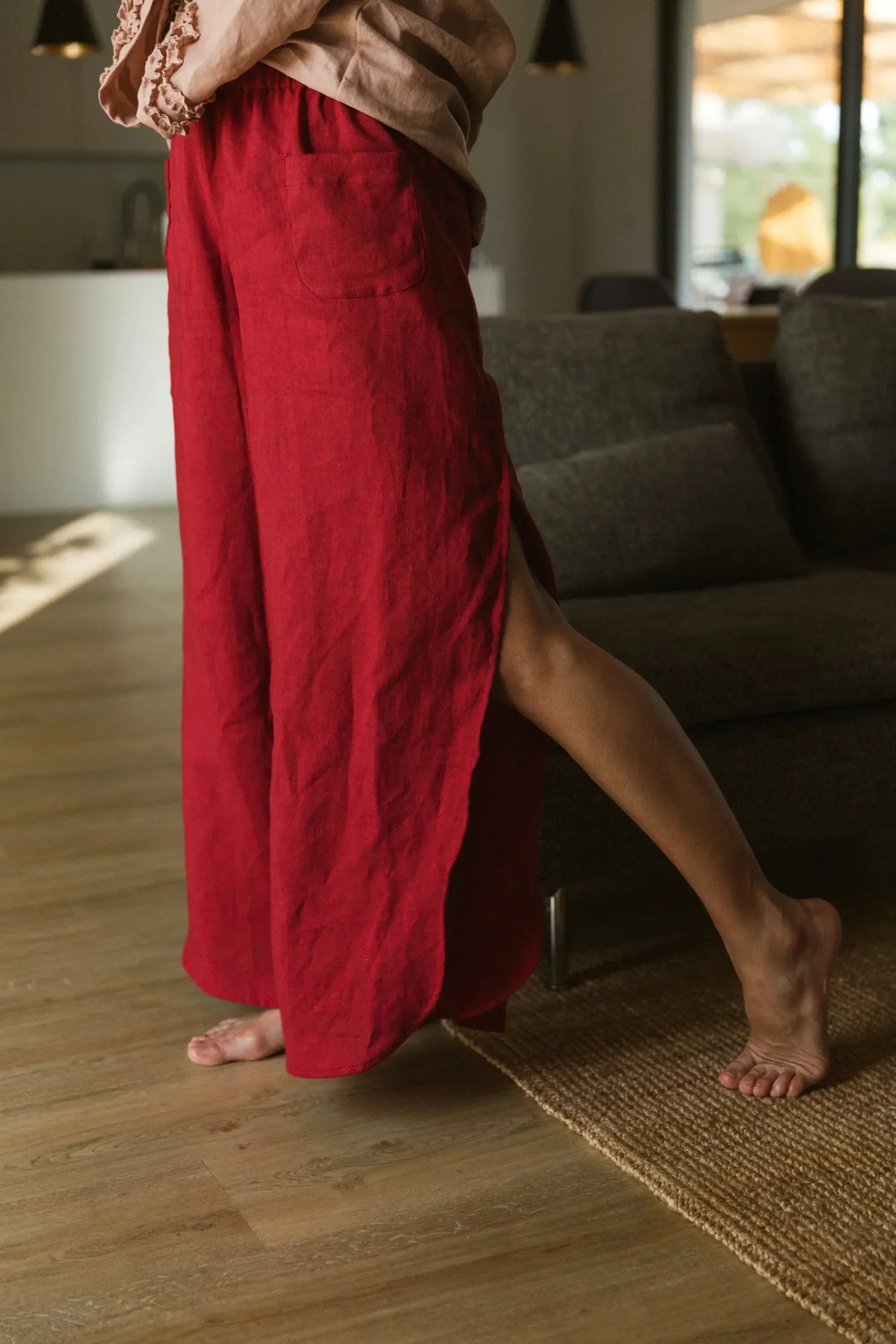 Flared linen pants burgundy - Muriel