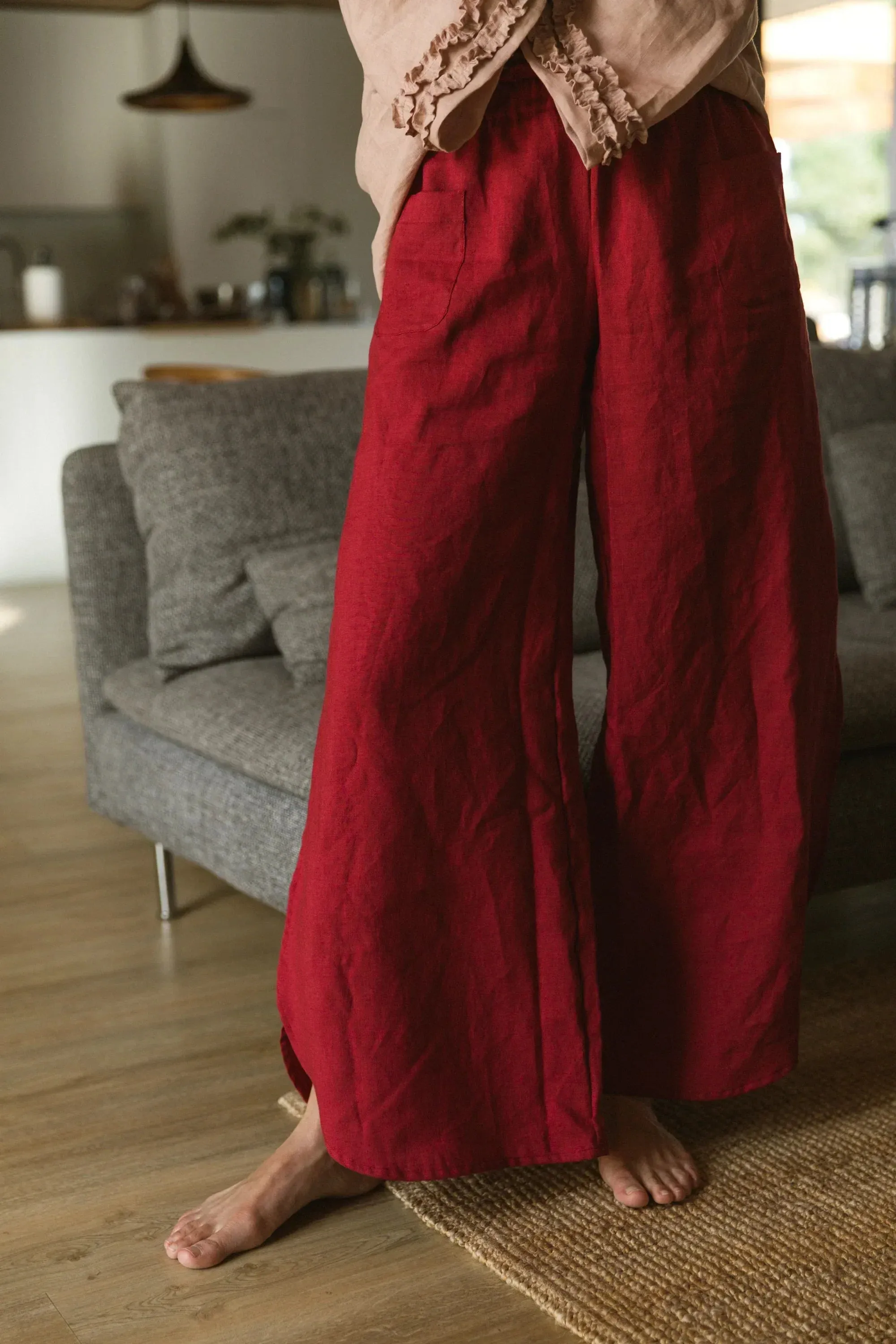 Flared linen pants burgundy - Muriel